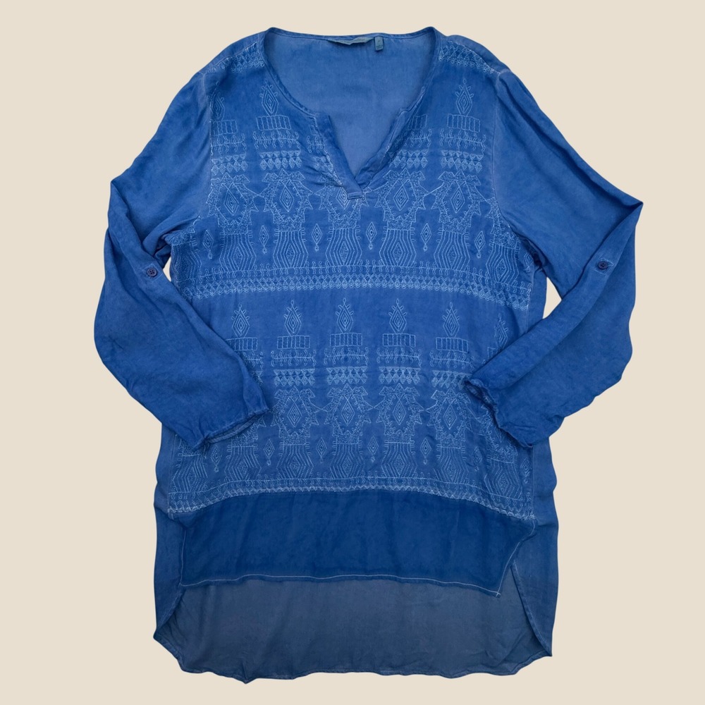Soft Surroundings Tunic Women Large Blue Embroidered Boho Roll Tab Sleeve Top
